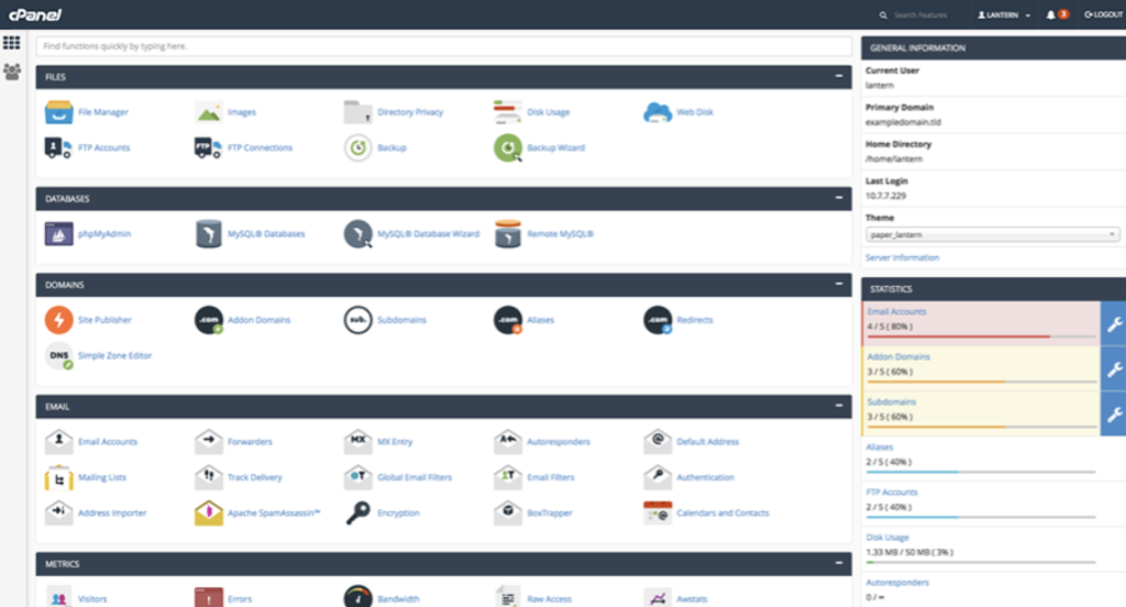 Cpanel interface