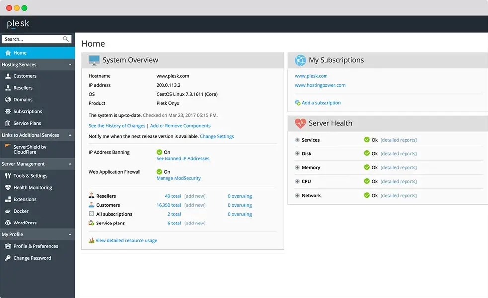 Plesk free web control panel layout