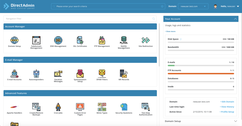 DirectAdmin free web control panel layout