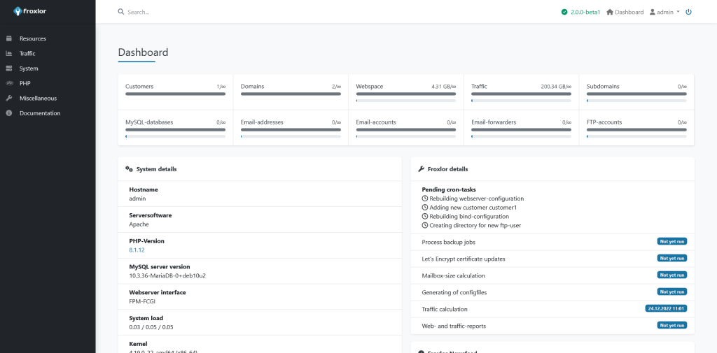 Froxlor free web control panel layout.