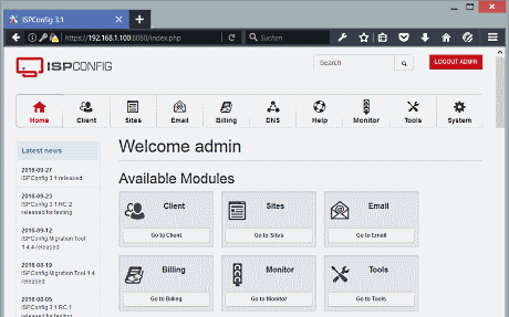 ISPconfig free web control panel layout.