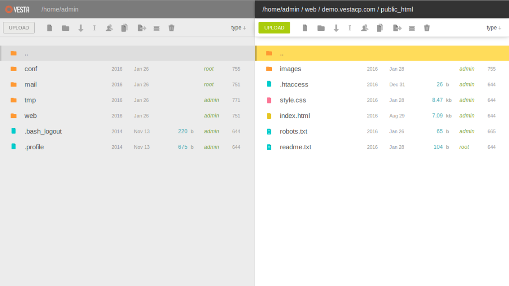 Vesta free web control panels layout.
