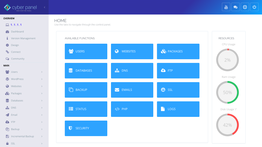 Cyberpanel free web control panels layout.