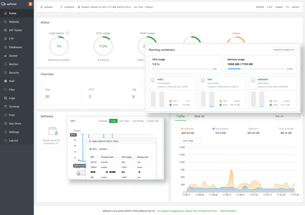 aaPanel free web control panels layout.