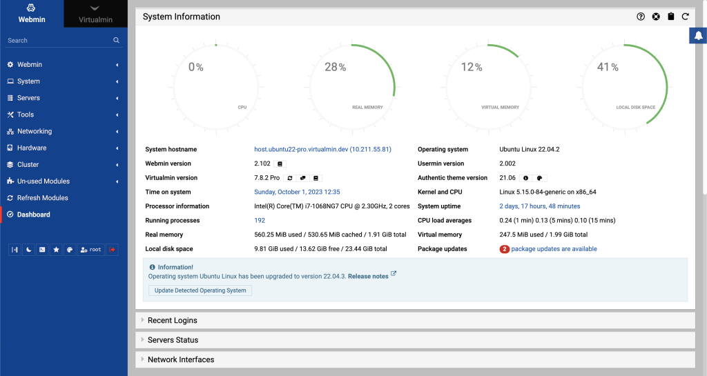 Webmin free web control panel layout