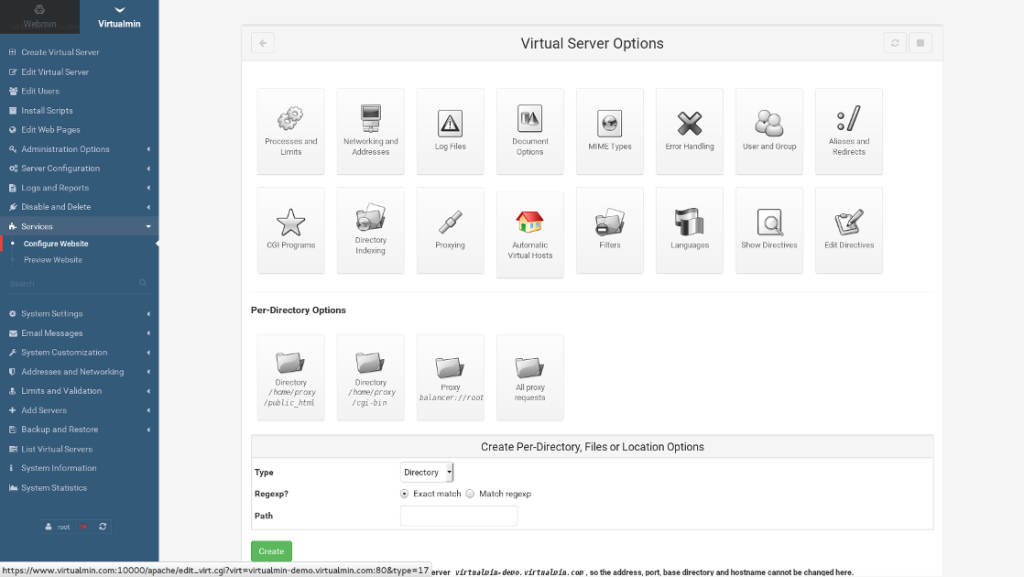 Virtualmin free web control panel layout.